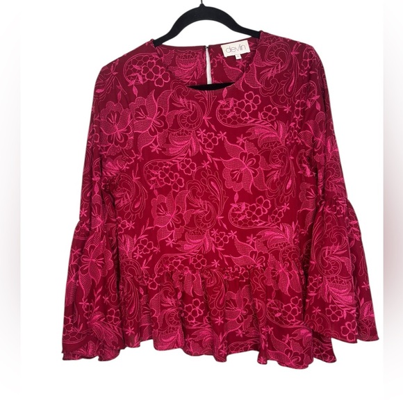 Devlin BOHO Red with Pink Embroidered Flowers Asymmetrical Bell Sleeve Small Top - Picture 1 of 12